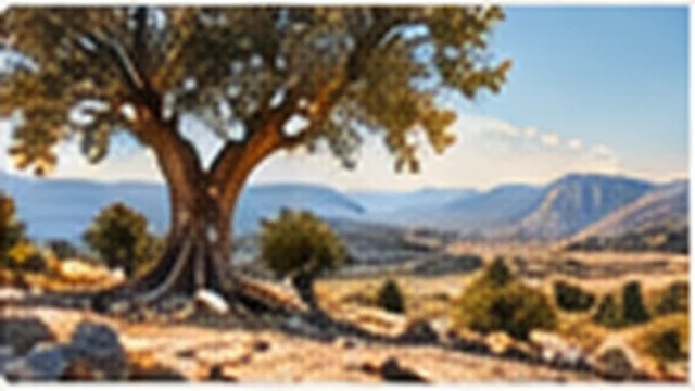 Ancient olive tree in a sunlit landscape